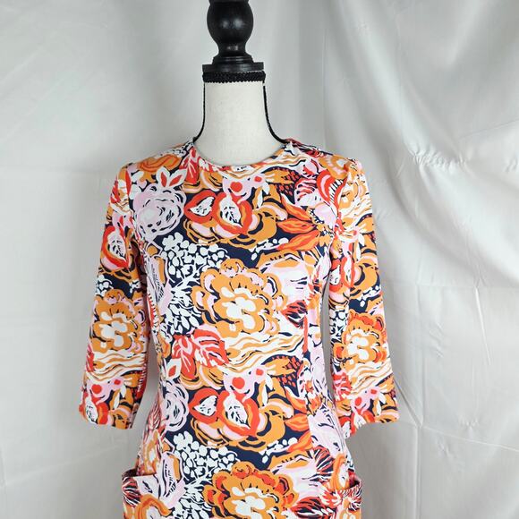J.McLaughlin Multicolor Floral Shift Dress XS 3/4 Sleeve Stretch Knit w/ Pockets - Picture 3 of 13